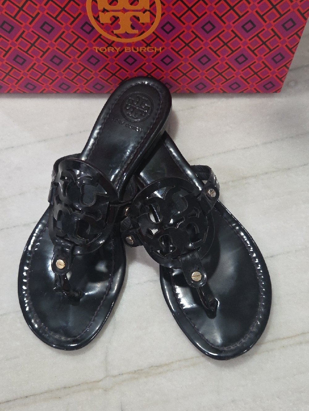 Tory Burch Black Patent Miller Logo Thong Sandals